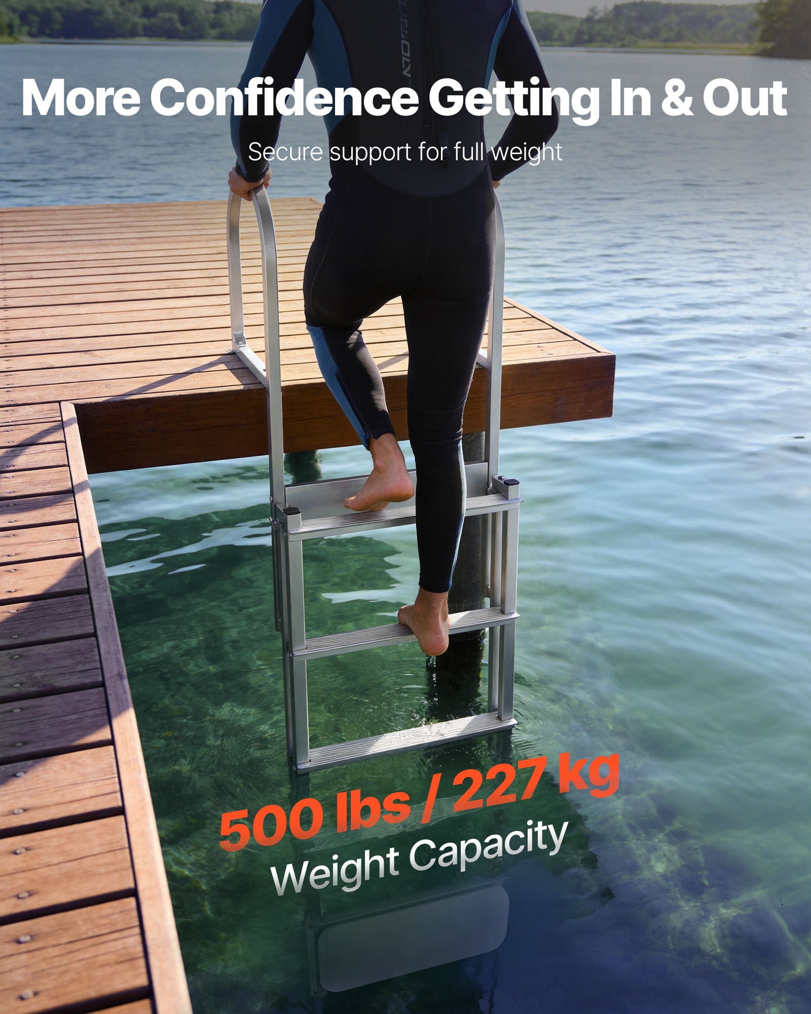 VEVOR Escalera de Muelle Capacidad de 227 kg con 5 Peldaños Antideslizantes, Pasamanos, Escalera Retráctil de Aluminio con Elevación Automática para Piscina Plataforma de Natación Pontón Lago Barco