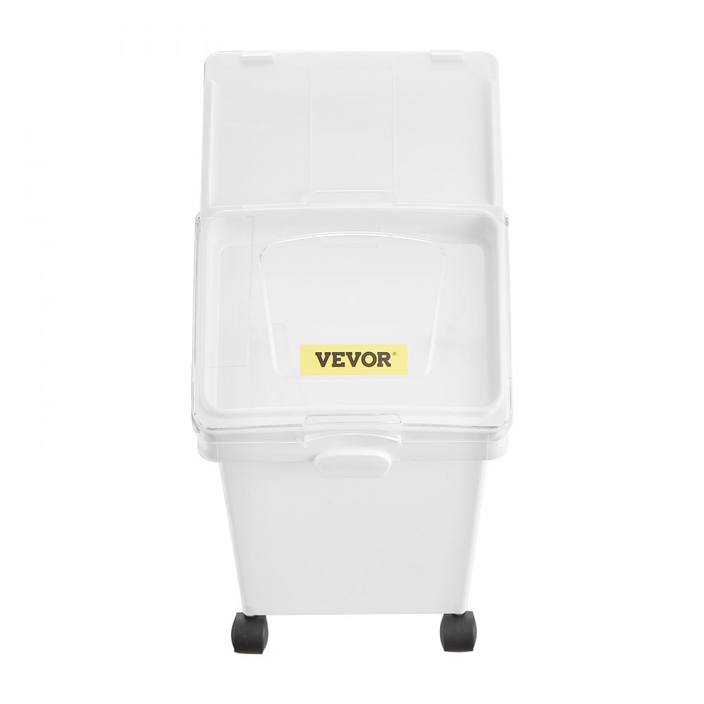 Contenedor de ingredientes VEVOR con tapa extraíble abierta y ruedas para facilitar su movilidad.