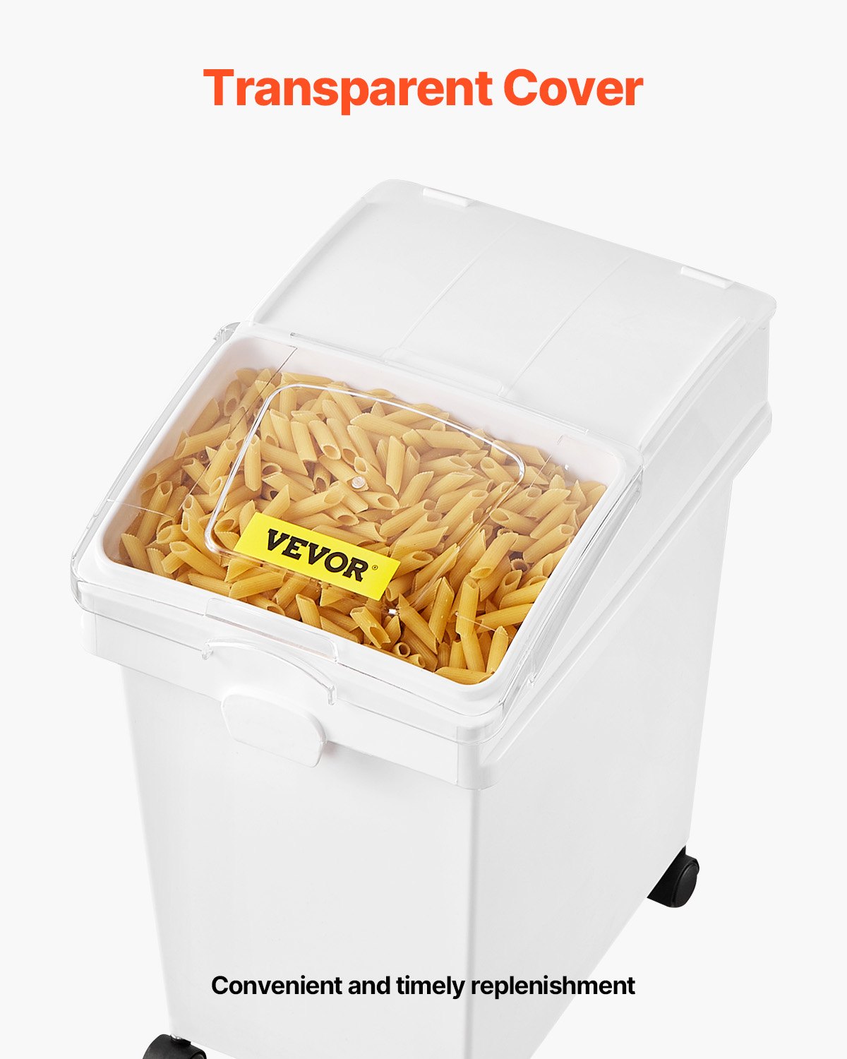 Contenedor de ingredientes VEVOR con ruedas flexibles para una fácil movilidad y estabilidad en la despensa.