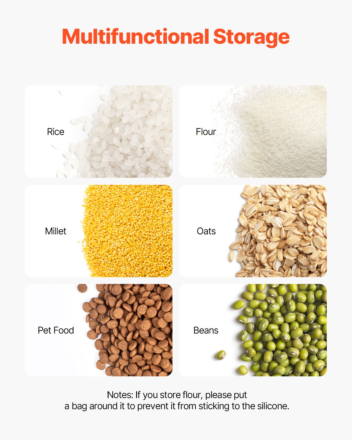 Contenedor de ingredientes VEVOR con medidas y ejemplos de pastas, avena, cereales y farfalle almacenados.