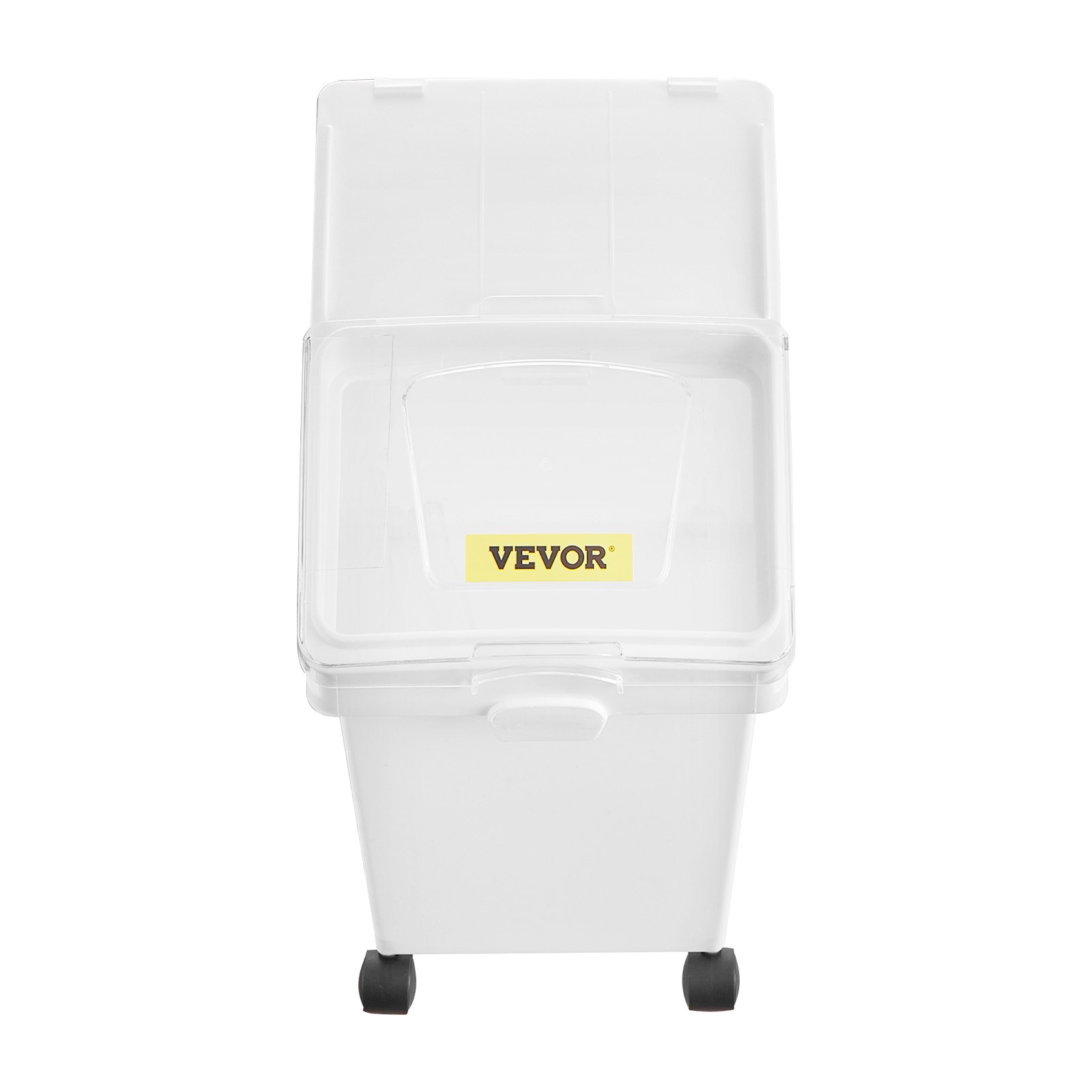 Contenedor de ingredientes VEVOR con tapa extraíble abierta y ruedas para facilitar su movilidad.