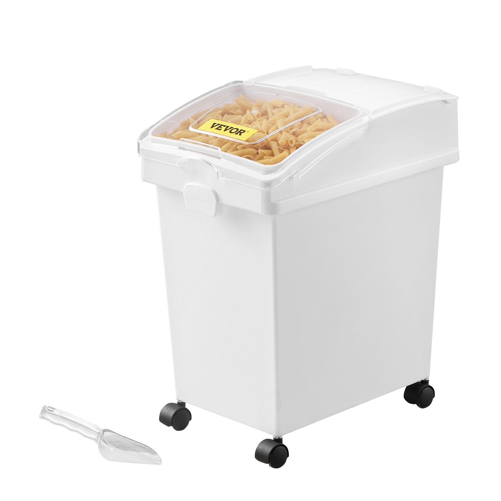 Contenedor de ingredientes VEVOR con tapa transparente, cuerpo blanco y ruedas negras.