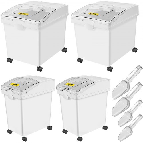 VEVOR Contenedor de Harina de 4 Juegos (25 kg x 2 + 15 kg x 2), Contenedor de Arroz con Tapas y Ruedas Blanco, Contenedor de Almacenamiento de Arroz de Alta Capacidad, Dispensador de Cereales