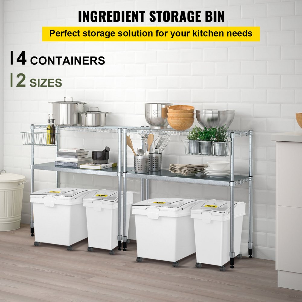 VEVOR Contenedor de Harina de 4 Juegos (25 kg x 2 + 15 kg x 2), Contenedor de Arroz con Tapas y Ruedas Blanco, Contenedor de Almacenamiento de Arroz de Alta Capacidad, Dispensador de Cereales