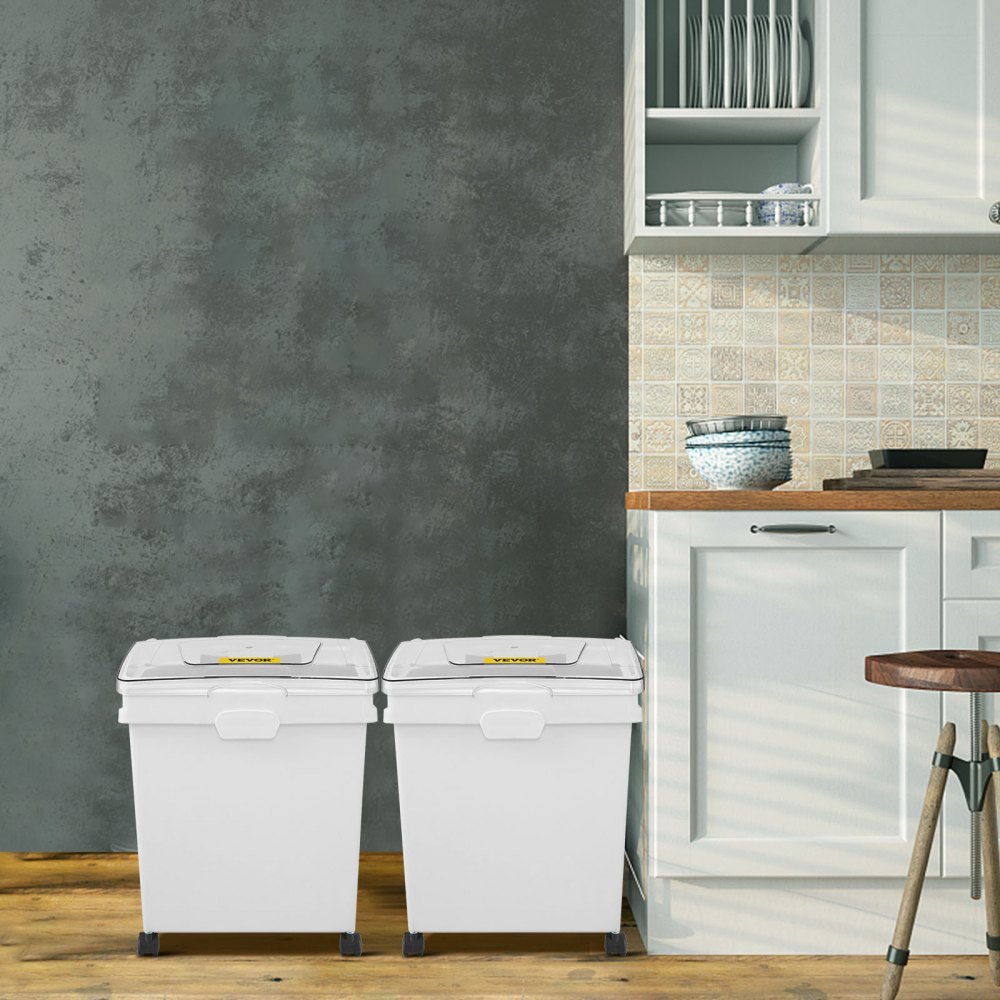 VEVOR Contenedor de Harina de 25 kg, Contenedor de Arroz 2 Piezas / Juego con Tapas y Ruedas Blanco, Contenedor de Almacenamiento de Arroz de Alta Capacidad, Dispensador de Cereales, Arroz Dispensador