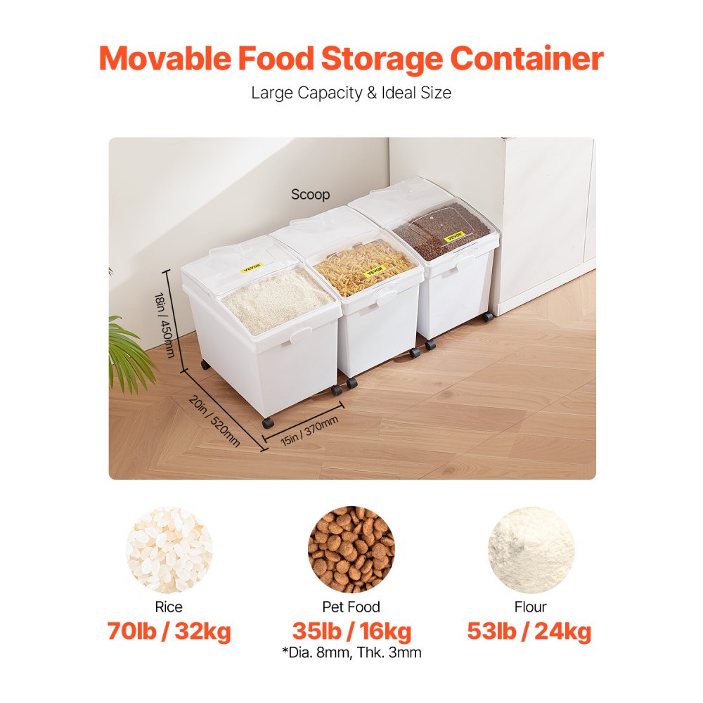 VEVOR Flour and Rice Containers, 25 kg Capacity, 3-Piece Kitchen Storage Boxes, 35.5 x 50 x 45 cm, Triple Storage Containers, 14 x 19.7 x 17.7 inches, White, for Storing Grains and Other Dry Goods