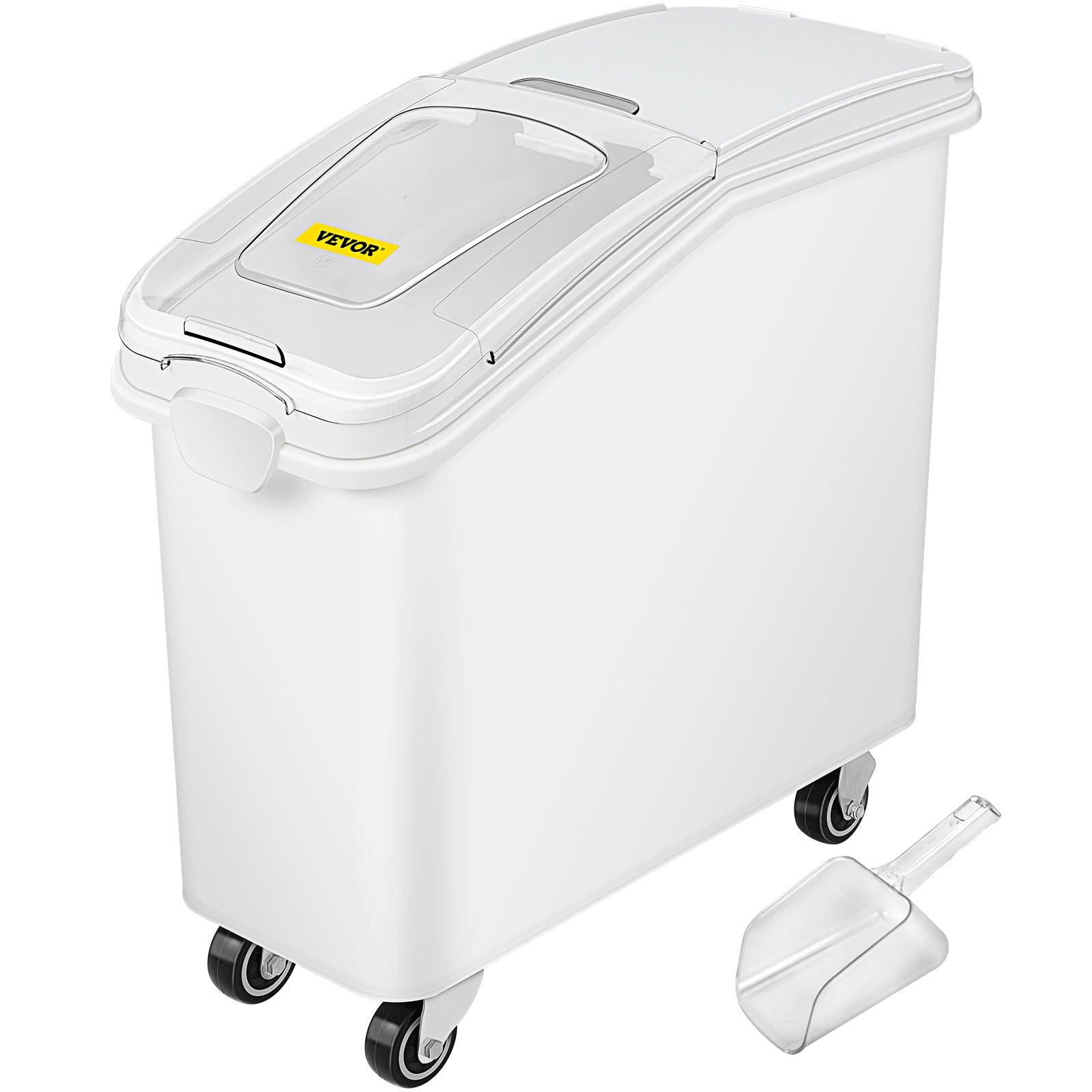 Contenedor de ingredientes VEVOR con pala, contenedor blanco con ruedas, tapa transparente.