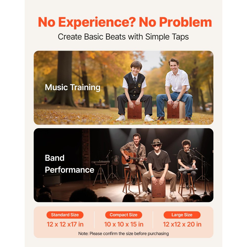 VEVOR Cajón de Percusión de Madera, Tambor Portátil Ligero de Madera de Abedul Contundente de 255 x 255 x 380 mm con Cuerdas de Caja Internas y Pies de Silicona para Principiantes y Profesionales