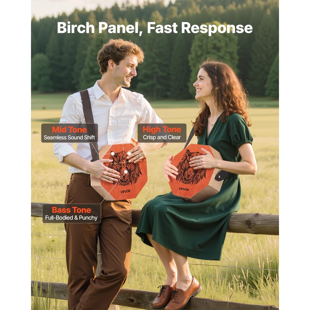 VEVOR Cajón de Percusión Único, Tambor Portátil de Madera de Abedul 295 x 295 x 100 mm con Cuerdas de Guitarra Internas y Correa Ajustable para Principiantes y Profesionales, Color Madera y Rojo