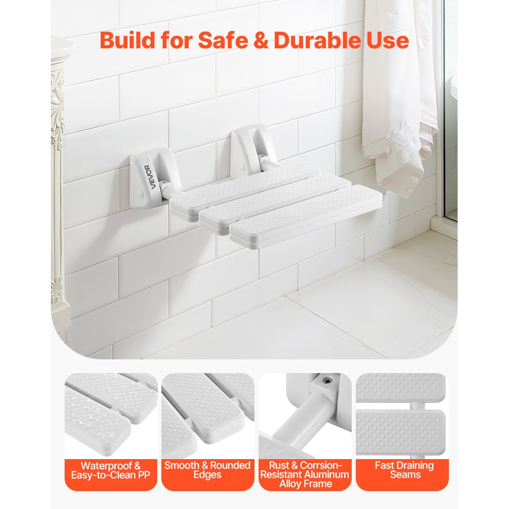 VEVOR Asiento de Ducha Abatible de PP, Silla de Ducha Plegable Montaje en Pared con Marco de Aleación de Aluminio, Taburete de Baño con Capacidad de Carga de 100 kg, para Adultos, Mayores, Blanco