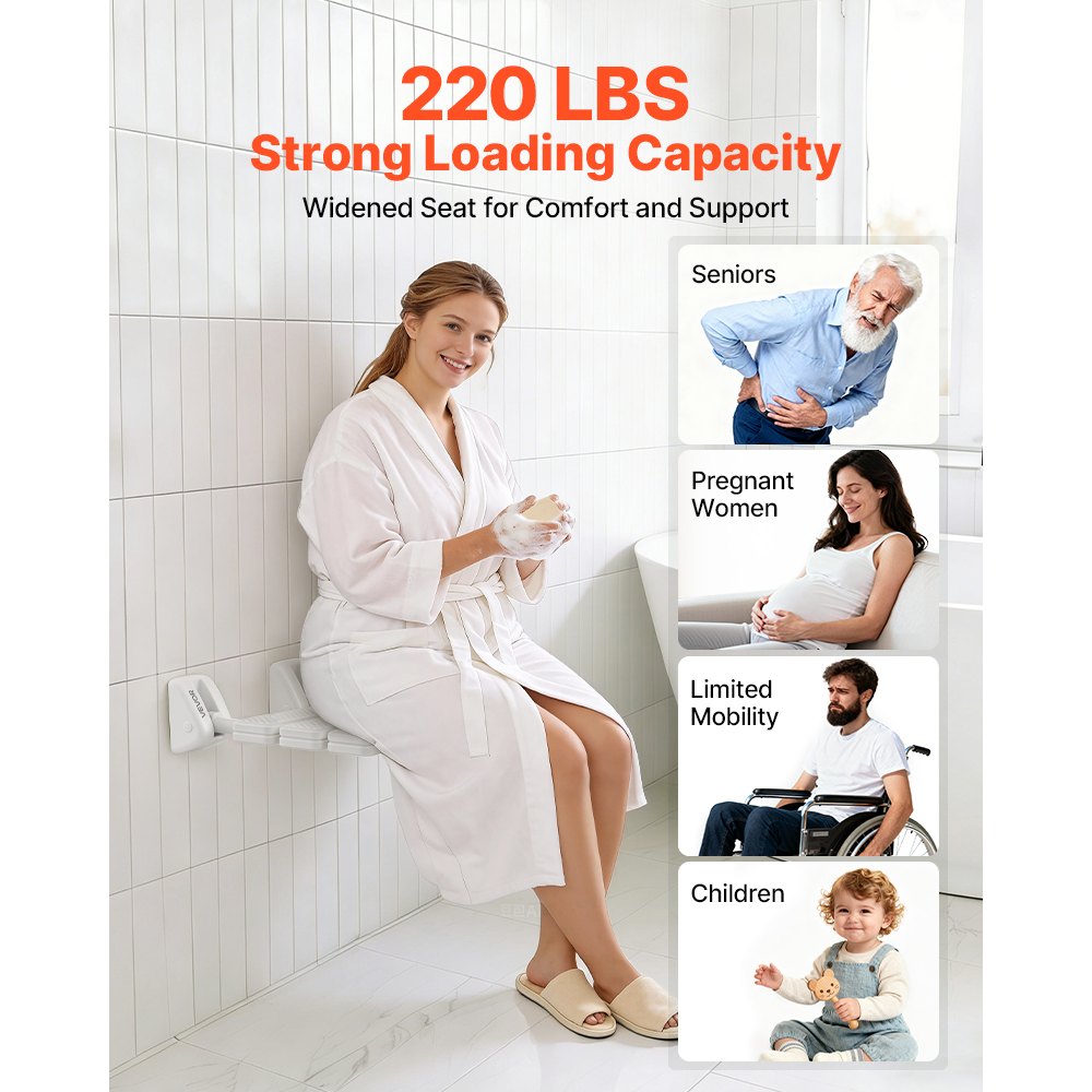 VEVOR Asiento de Ducha Abatible de PP, Silla de Ducha Plegable Montaje en Pared con Marco de Aleación de Aluminio, Taburete de Baño con Capacidad de Carga de 100 kg, para Adultos, Mayores, Blanco