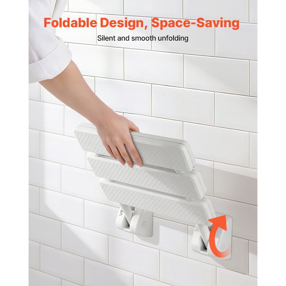 VEVOR Asiento de Ducha Abatible de PP, Silla de Ducha Plegable Montaje en Pared con Marco de Aleación de Aluminio, Taburete de Baño con Capacidad de Carga de 100 kg, para Adultos, Mayores, Blanco