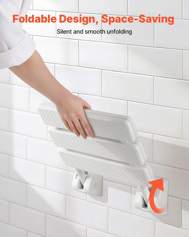 VEVOR Asiento de Ducha Abatible de PP, Silla de Ducha Plegable Montaje en Pared con Marco de Aleación de Aluminio, Taburete de Baño con Capacidad de Carga de 100 kg, para Adultos, Mayores, Blanco