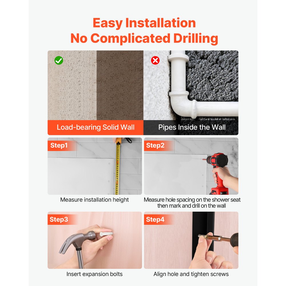 VEVOR Asiento de Ducha Abatible Montaje en Pared, Silla de Ducha Plegable con Respaldo de Apoyo, Marco de Acero Inoxidable, Banco de Baño Capacidad de Carga de 180 kg, para Adultos, Mayores, Negro