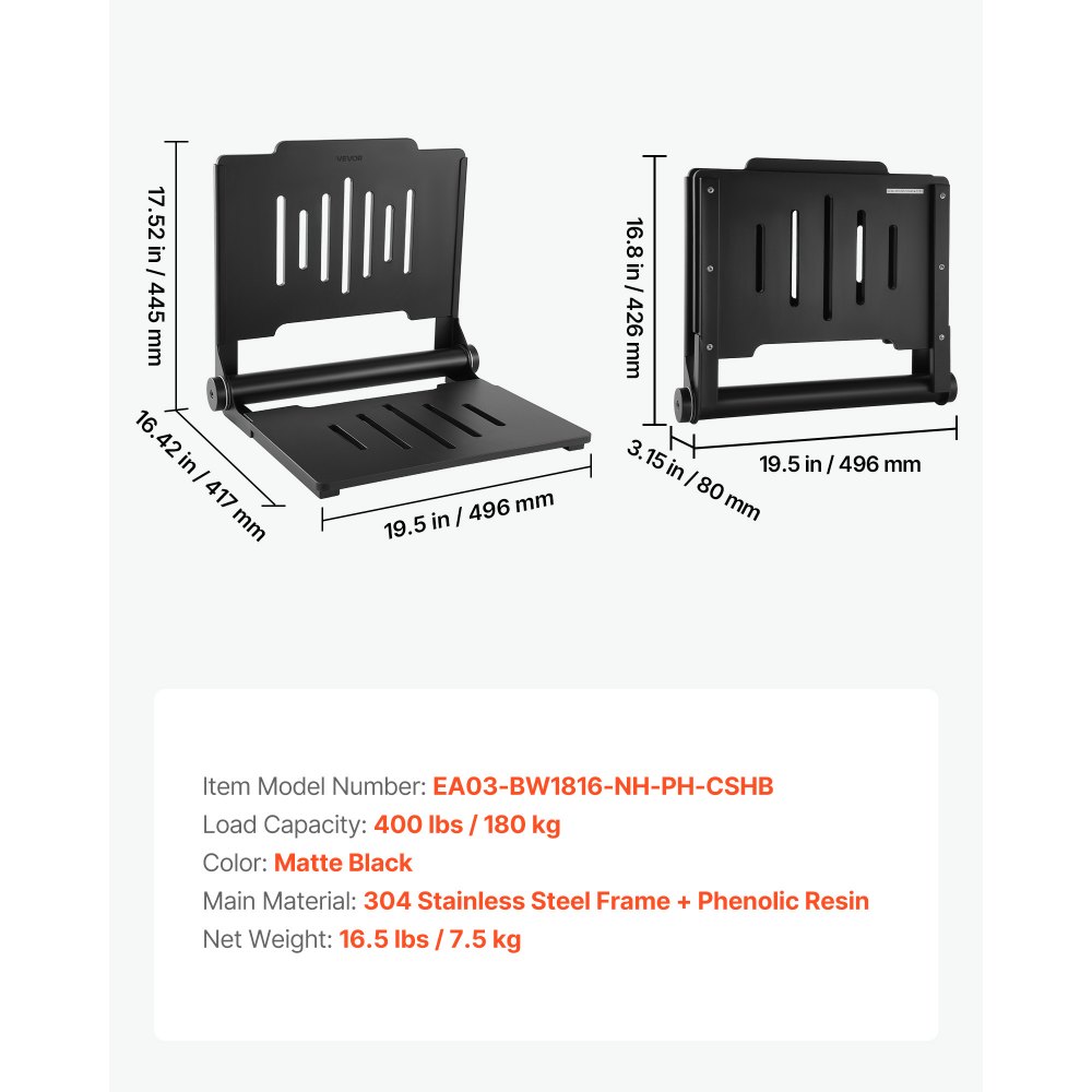 VEVOR Asiento de Ducha Abatible Montaje en Pared, Silla de Ducha Plegable con Respaldo de Apoyo, Marco de Acero Inoxidable, Banco de Baño Capacidad de Carga de 180 kg, para Adultos, Mayores, Negro