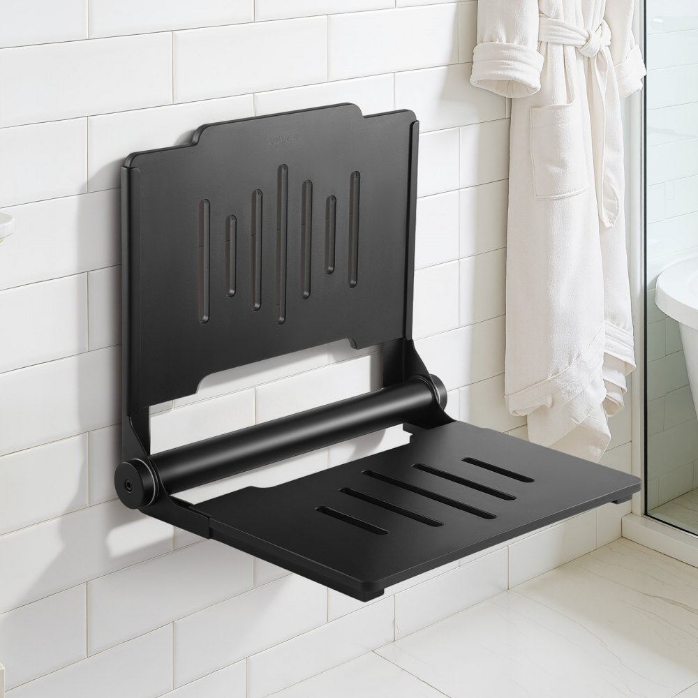 VEVOR Asiento de Ducha Abatible Montaje en Pared, Silla de Ducha Plegable con Respaldo de Apoyo, Marco de Acero Inoxidable, Banco de Baño Capacidad de Carga de 180 kg, para Adultos, Mayores, Negro