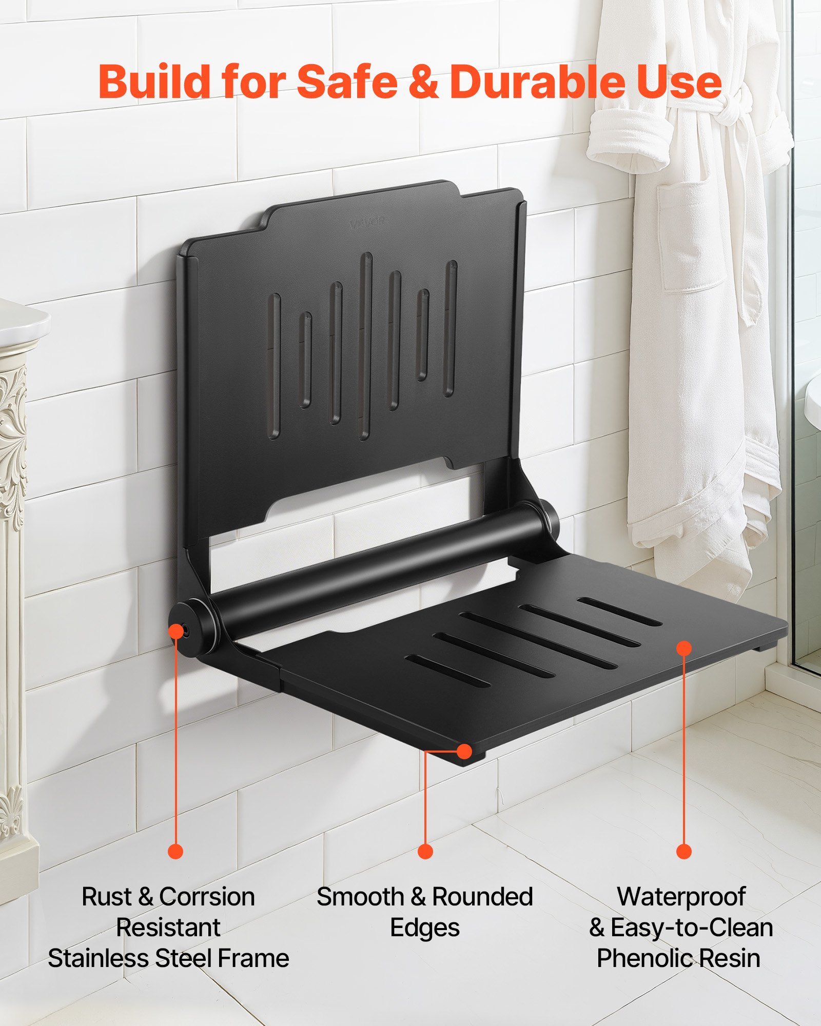 VEVOR Asiento de Ducha Abatible Montaje en Pared, Silla de Ducha Plegable con Respaldo de Apoyo, Marco de Acero Inoxidable, Banco de Baño Capacidad de Carga de 180 kg, para Adultos, Mayores, Negro