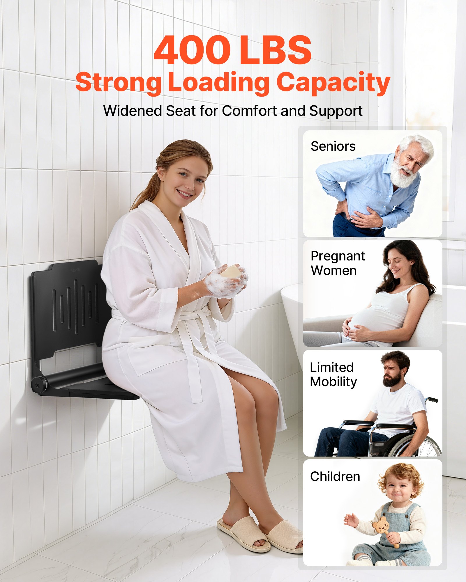 VEVOR Asiento de Ducha Abatible Montaje en Pared, Silla de Ducha Plegable con Respaldo de Apoyo, Marco de Acero Inoxidable, Banco de Baño Capacidad de Carga de 180 kg, para Adultos, Mayores, Negro