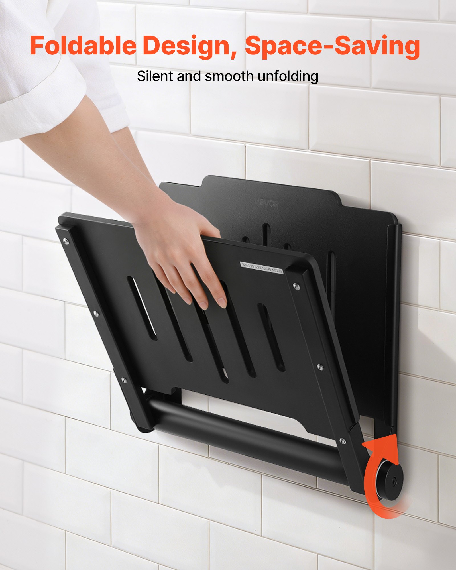 VEVOR Asiento de Ducha Abatible Montaje en Pared, Silla de Ducha Plegable con Respaldo de Apoyo, Marco de Acero Inoxidable, Banco de Baño Capacidad de Carga de 180 kg, para Adultos, Mayores, Negro