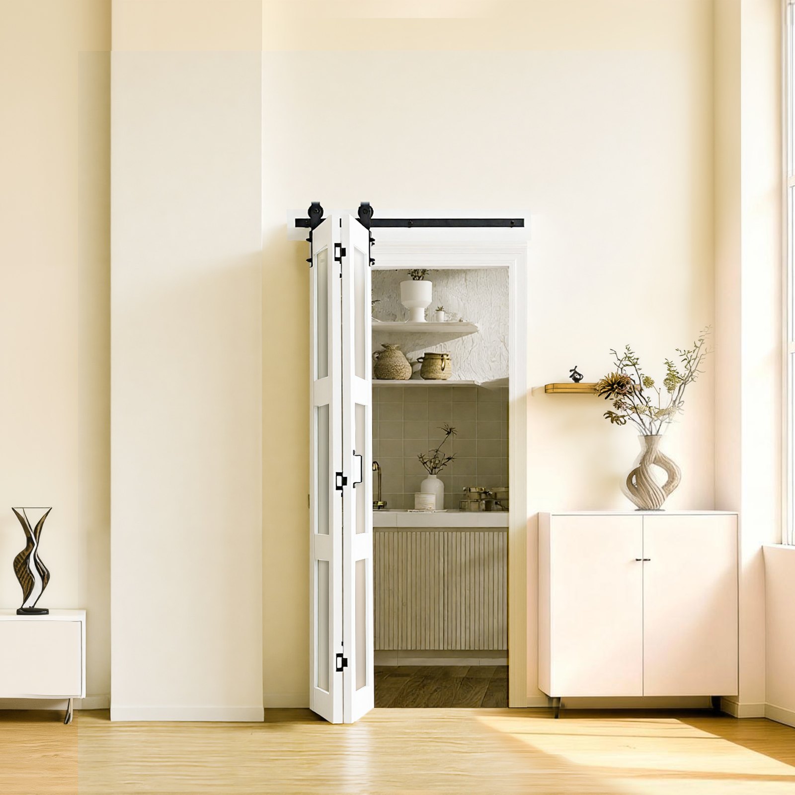 VEVOR Puerta Corredera Plegable Estilo Granero de 914 x 2134 mm, Fabricada en MDF y Vidrio Templado, con Juego de Herrajes, Diseño Compacto, Paneles Premontados para Dormitorio y Salón, Blanco