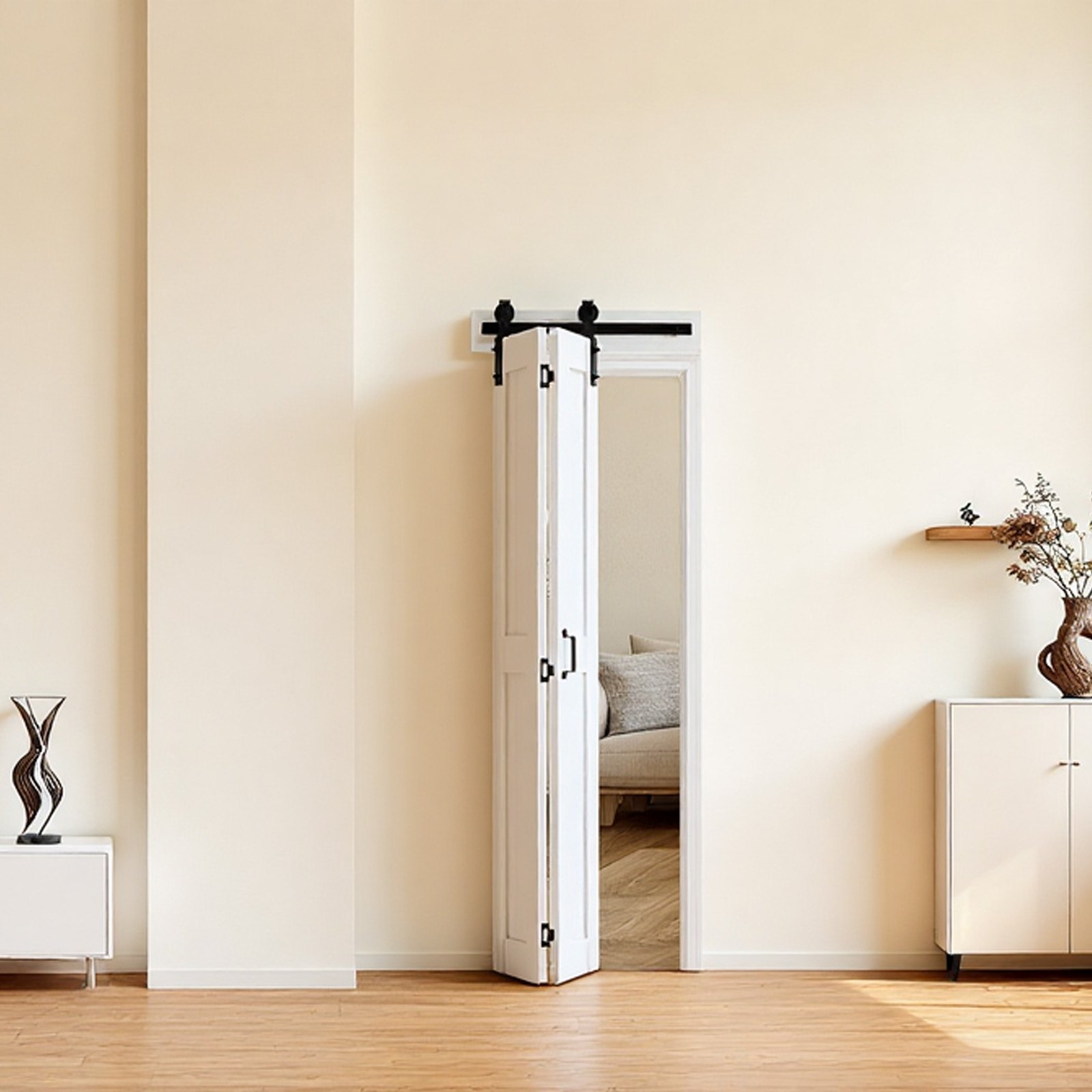 VEVOR Puerta Corredera Plegable, Estilo Granero, Fabricada en MDF, con Kit de Montaje y Diseño de Marco en H que Ahorra Espacio, Ideal para Dormitorio y Salón, Color Blanco, 609 x 2134 x 35 mm