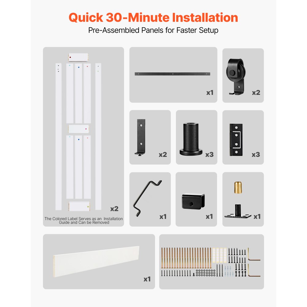 VEVOR Puerta Corredera Plegable, Estilo Granero, Fabricada en MDF, con Kit de Montaje y Diseño de Marco en H que Ahorra Espacio, Ideal para Dormitorio y Salón, Color Blanco, 914 x 2134 x 35 mm