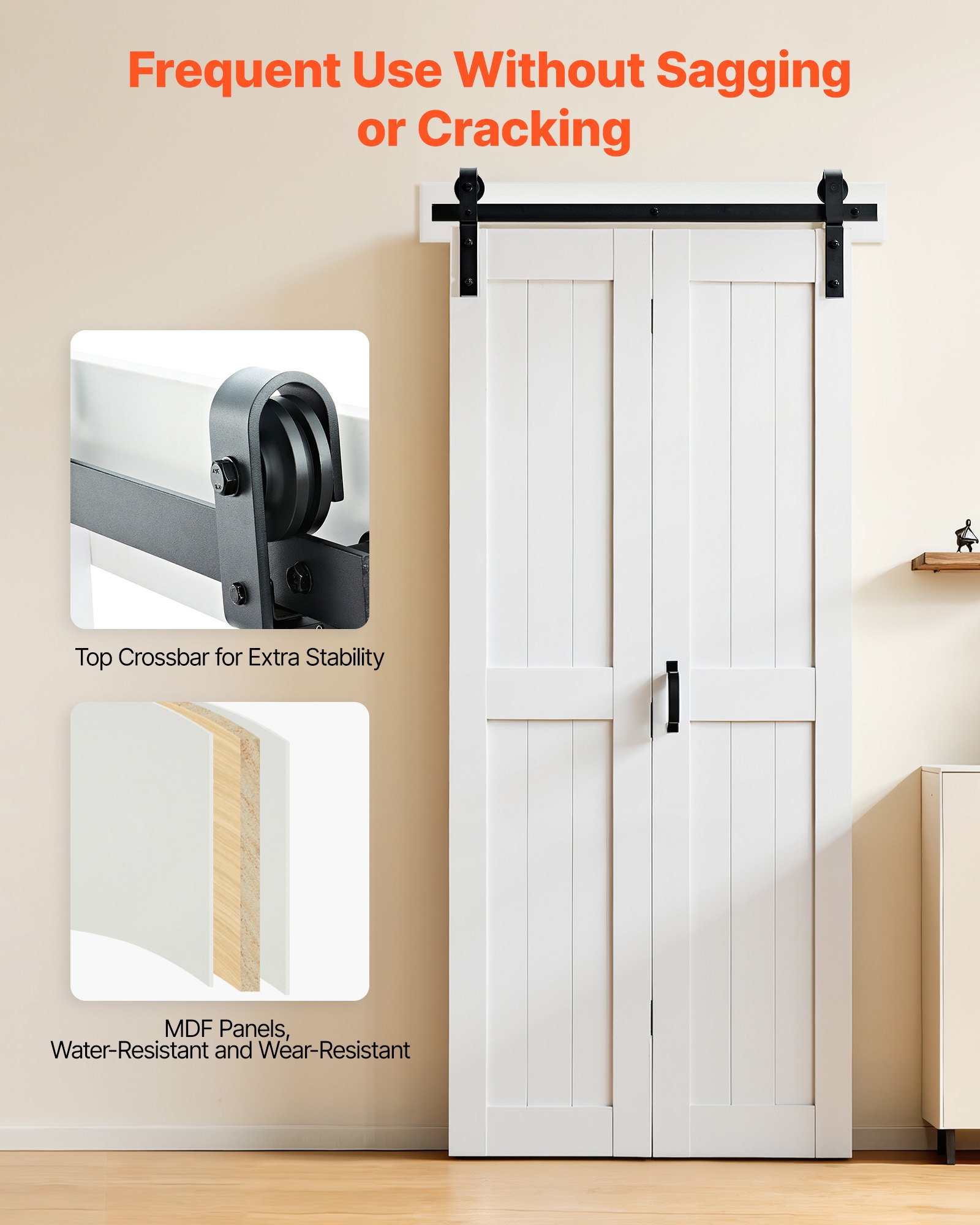VEVOR Puerta Corredera Plegable, Estilo Granero, Fabricada en MDF, con Kit de Montaje y Diseño de Marco en H que Ahorra Espacio, Ideal para Dormitorio y Salón, Color Blanco, 914 x 2134 x 35 mm