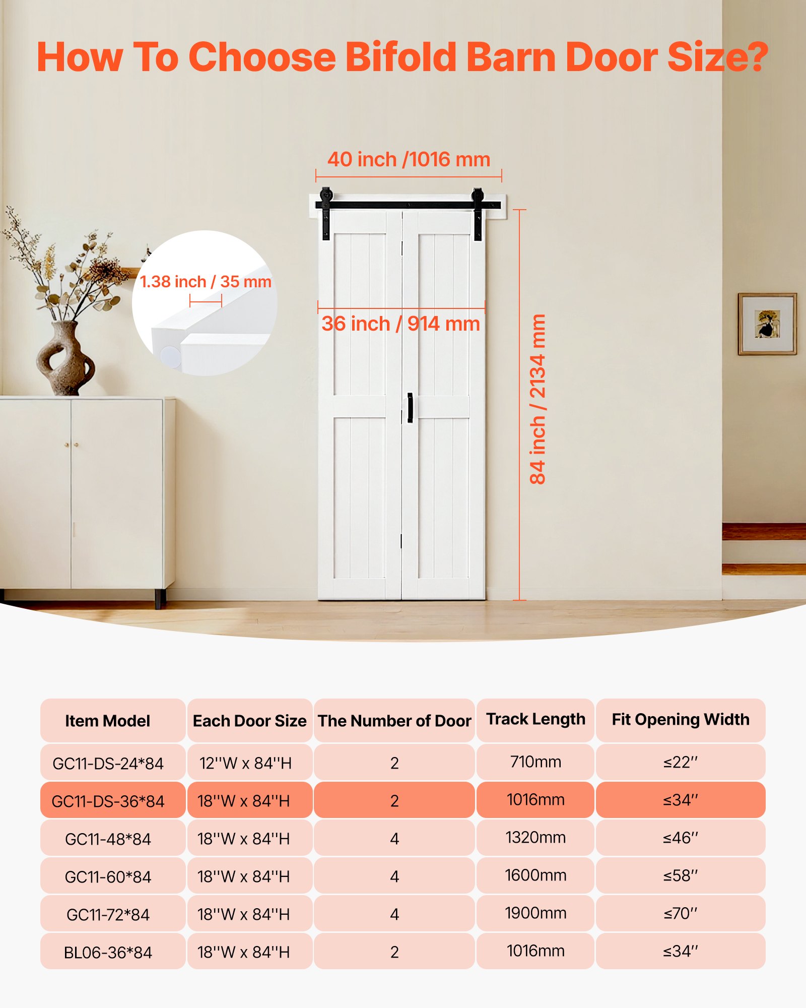 VEVOR Puerta Corredera Plegable, Estilo Granero, Fabricada en MDF, con Kit de Montaje y Diseño de Marco en H que Ahorra Espacio, Ideal para Dormitorio y Salón, Color Blanco, 914 x 2134 x 35 mm