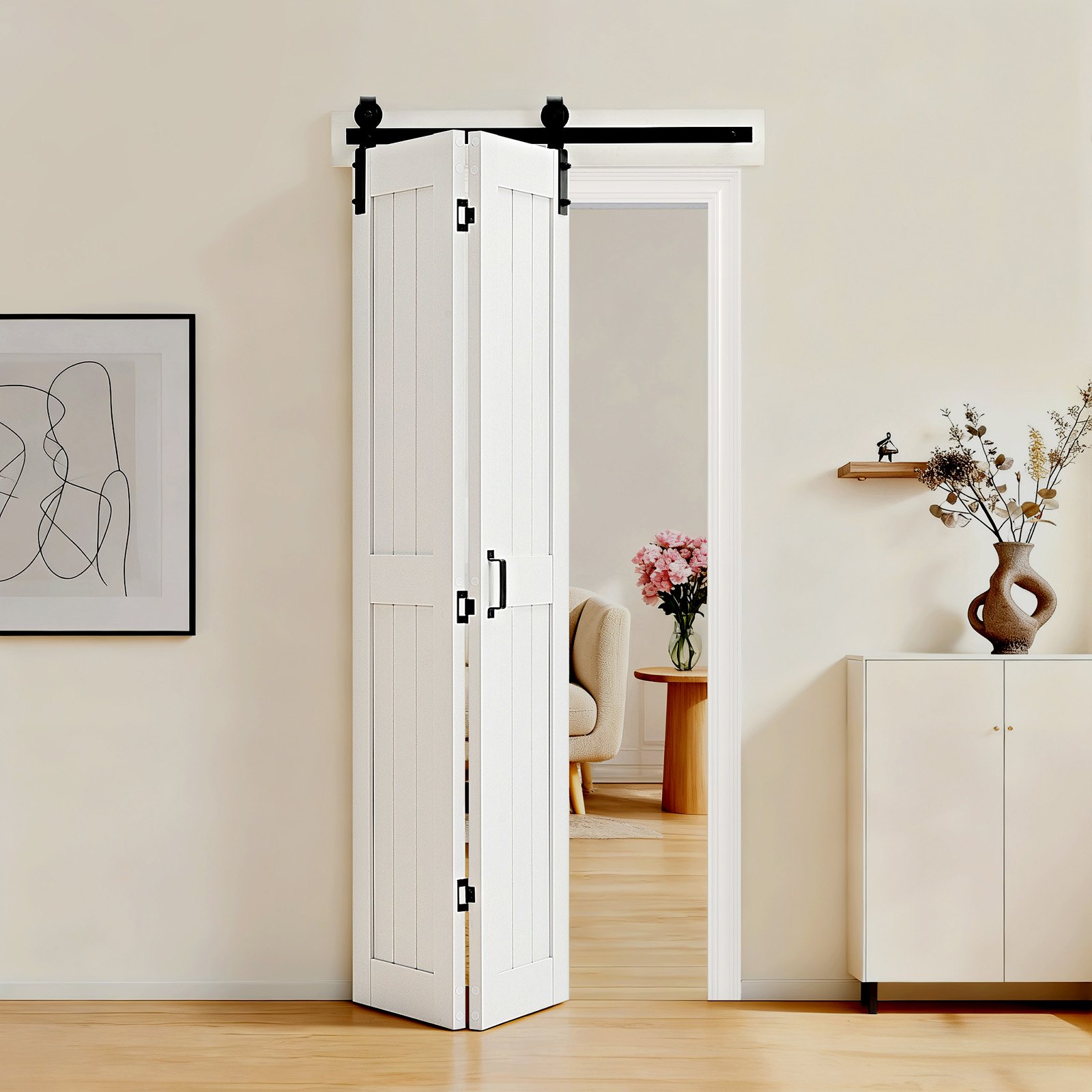 VEVOR Puerta Corredera Plegable, Estilo Granero, Fabricada en MDF, con Kit de Montaje y Diseño de Marco en H que Ahorra Espacio, Ideal para Dormitorio y Salón, Color Blanco, 914 x 2134 x 35 mm