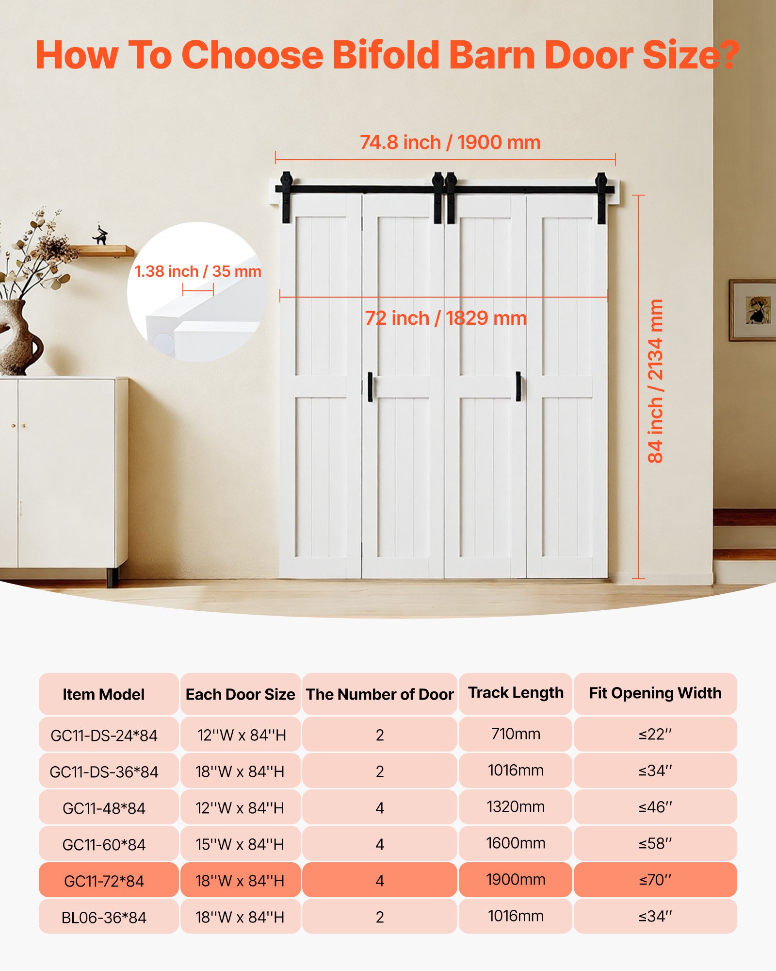 VEVOR Puerta Corredera Plegable, Estilo Granero, Fabricada en MDF, con Kit de Montaje, Diseño de Marco en H Compacto y Paneles Premontados, Apto para Dormitorio y Salón, Blanco, 1829 x 2134 x 35 mm