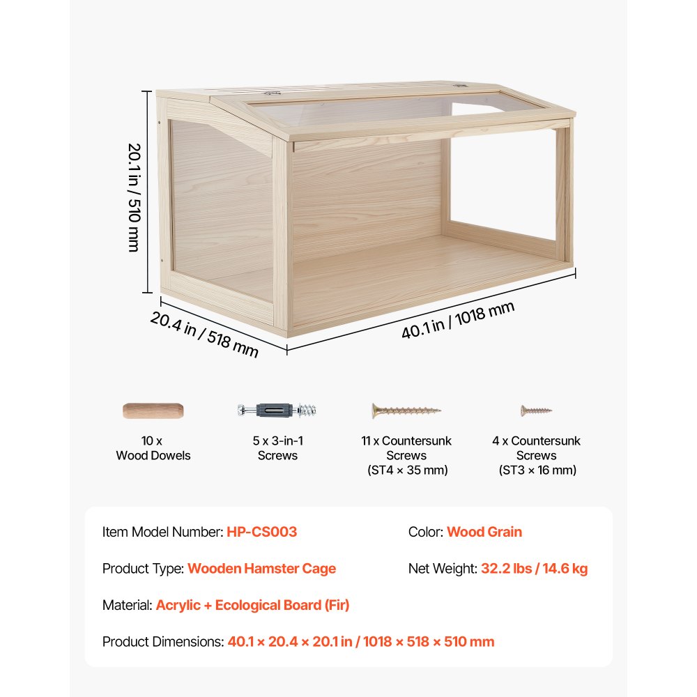 VEVOR Jaula para Hámster de Madera 1018 x 518 x 510 mm Caseta para Roedores, Hábitat para Animales Pequeños, Paneles Acrílicos Transparentes, Puerta Superior, Diseño de Ventilación, Kit de Montaje