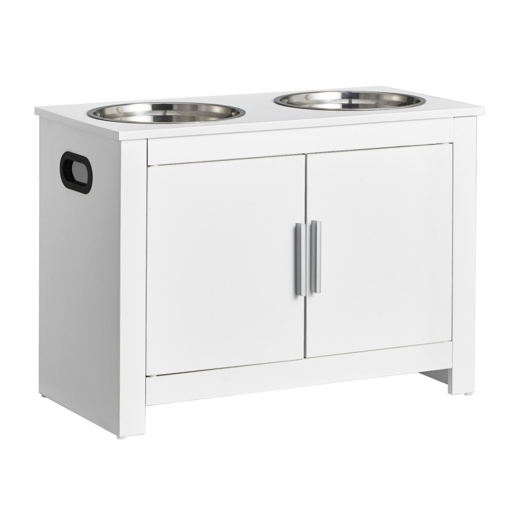 VEVOR Dog Cabinet Feeding Station with 2 Stainless Steel Bowls 60 x 30 x 44 cm, Elevated Dog Bowls with Storage, Pet Food Cabinet, Feeding Bowl with Double Door, Bowl Bar, Dog Bar for Extra Large Dogs, White