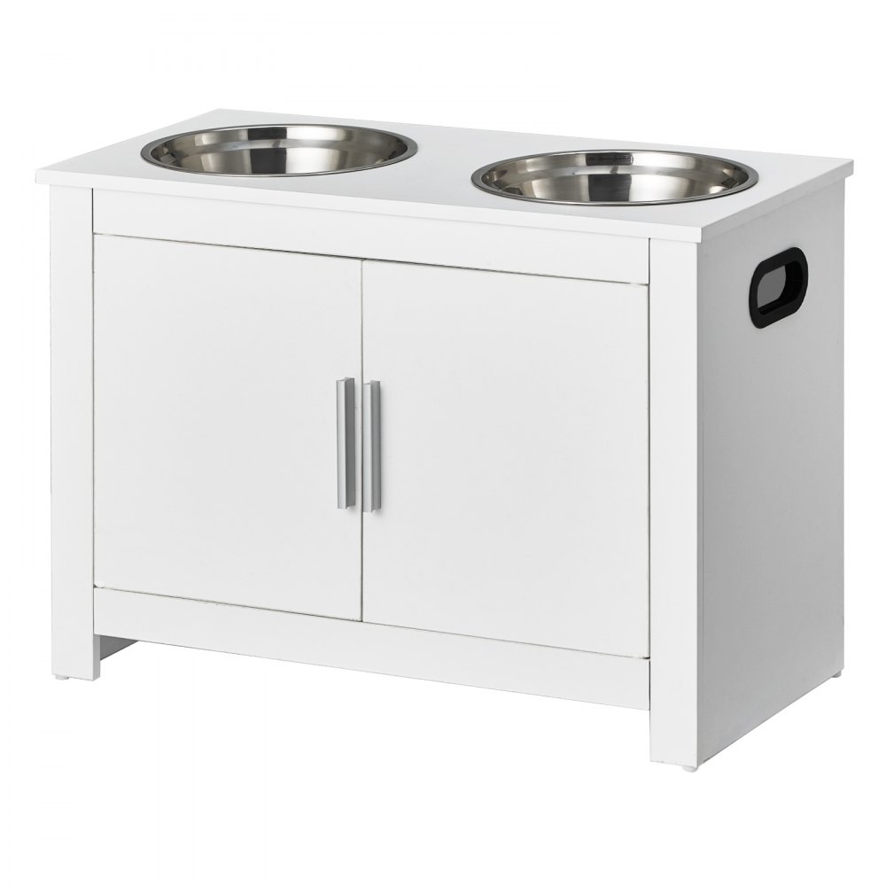 VEVOR Dog Cabinet Feeding Station with 2 Stainless Steel Bowls 60 x 30 x 44 cm, Elevated Dog Bowls with Storage, Pet Food Cabinet, Feeding Bowl with Double Door, Bowl Bar, Dog Bar for Extra Large Dogs, White