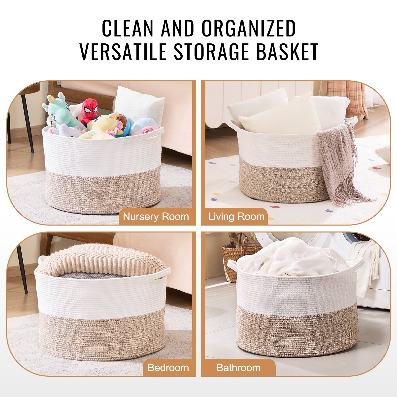 VEVOR Cotton Basket 558 x 558 x 355 mm, Blanket Basket, 87 L, Cotton Rope Basket, Woven Basket with Handles, Laundry Basket, Foldable, Storage Basket for Organizing Clothes, Children's Toys, Pillows