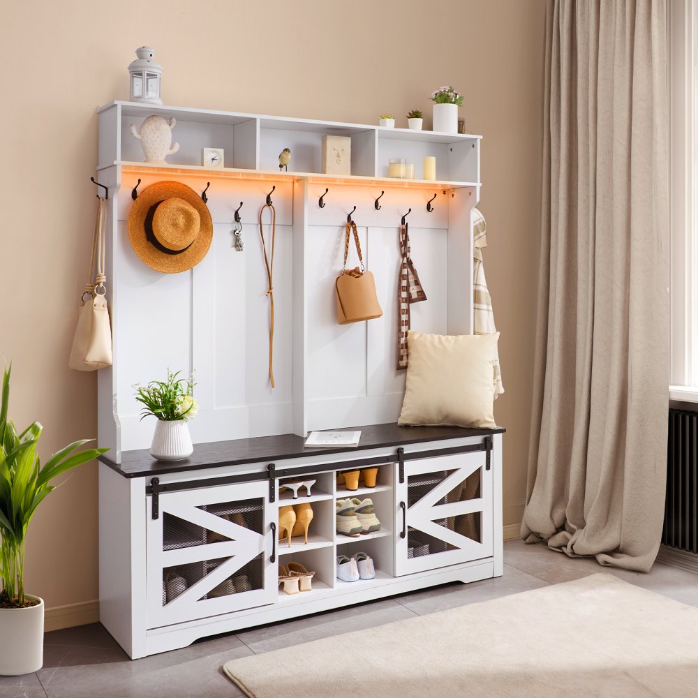 VEVOR Perchero de Madera de 1508 x 420 x 1725 mm con Banco y Zapatero Perchero con Estantes Ajustables y 12 Ganchos para Colgar Mueble de Vestíbulo con Tira de Luz USB para Entrada, Pasillo, Blanco