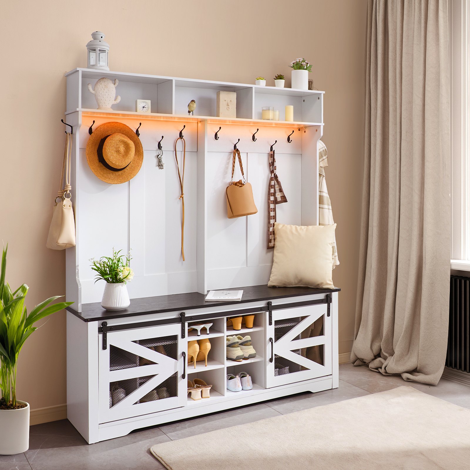 VEVOR Perchero de Madera de 1508 x 420 x 1725 mm con Banco y Zapatero Perchero con Estantes Ajustables y 12 Ganchos para Colgar Mueble de Vestíbulo con Tira de Luz USB para Entrada, Pasillo, Blanco