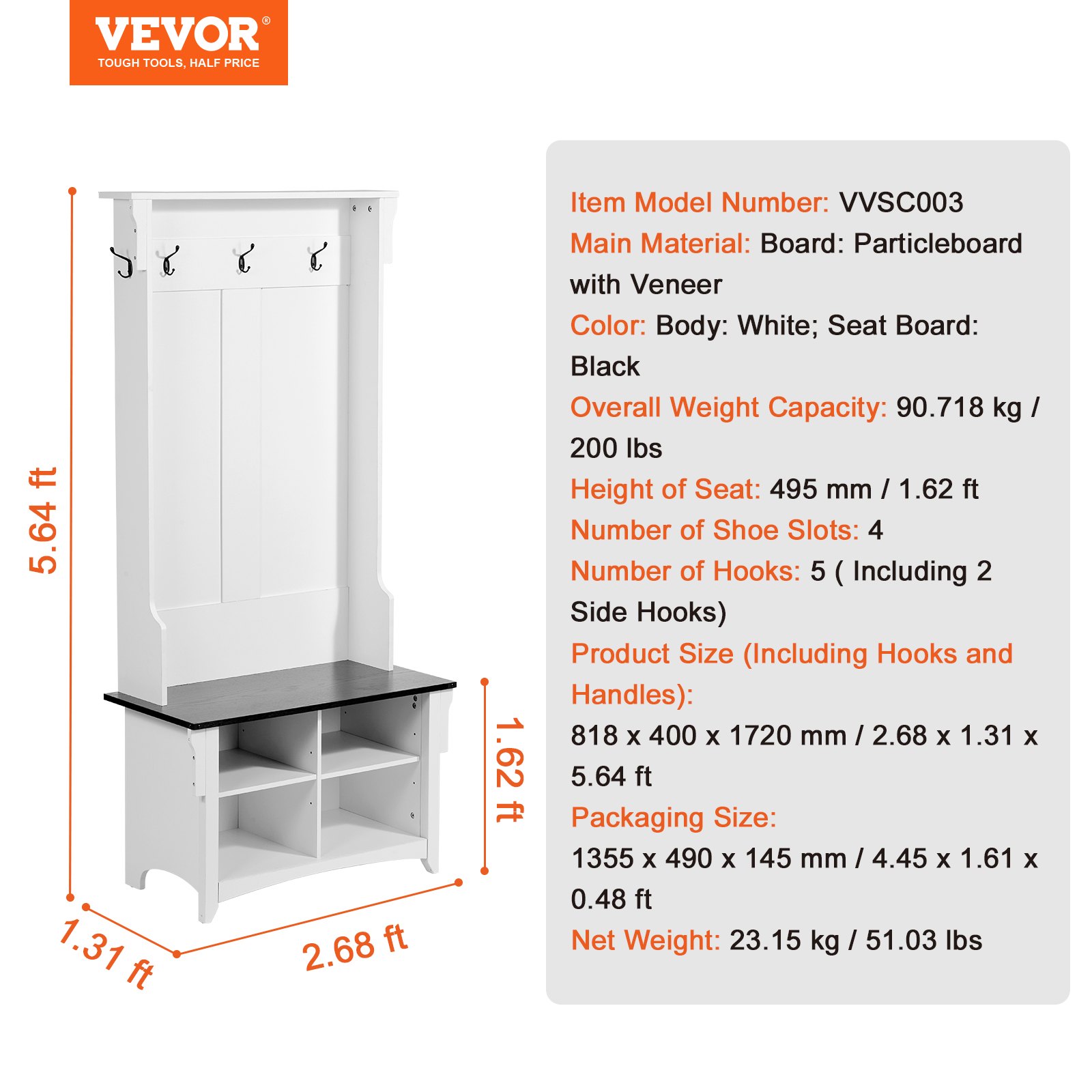 VEVOR Wooden Coat Rack with Bench & Shoe Shelf, White Coat Rack with Adjustable Shelves & 5 Hanging Hooks & 4 Drawers, for Entrance Hallway