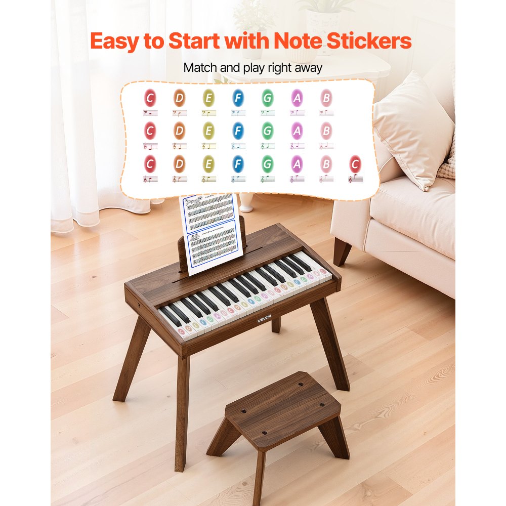 VEVOR Teclado de Piano Infantil 37 Teclas de Madera con Silla, Piano Electrónico para Niños 3-10 Años, Volumen Ajustable, USB-C o Pilas, con Pegatinas de Notas y Hojas de Práctica para Viaje Casa Aula
