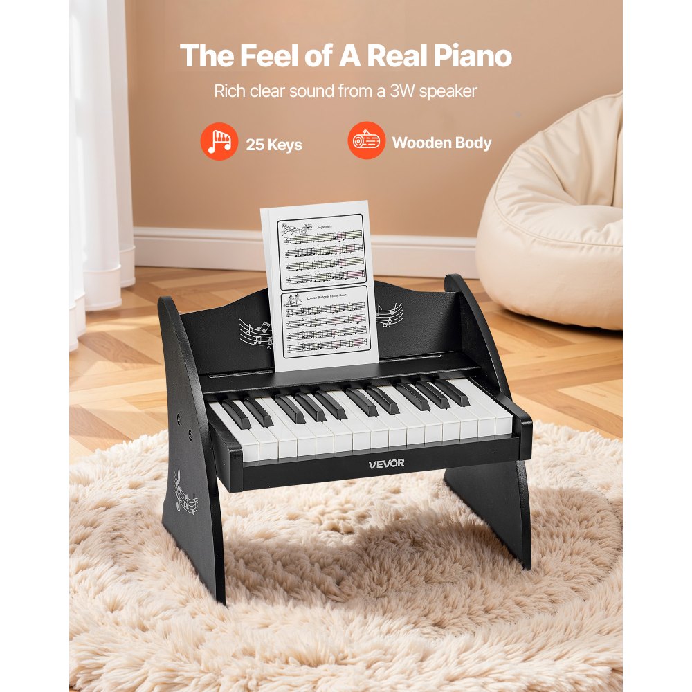 VEVOR Teclado de Piano Infantil 25 Teclas de Madera, Piano Electrónico para Niños 3-10 Años, Volumen Ajustable, USB-C o Pilas, con Pegatinas de Notas y Hojas de Práctica, para Viaje Familiar Casa Aula