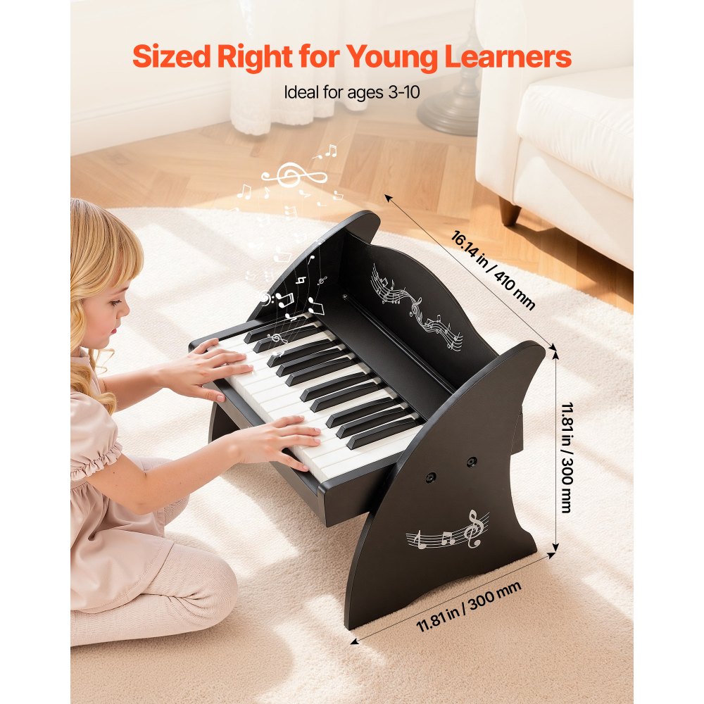 VEVOR Teclado de Piano Infantil 25 Teclas de Madera, Piano Electrónico para Niños 3-10 Años, Volumen Ajustable, USB-C o Pilas, con Pegatinas de Notas y Hojas de Práctica, para Viaje Familiar Casa Aula