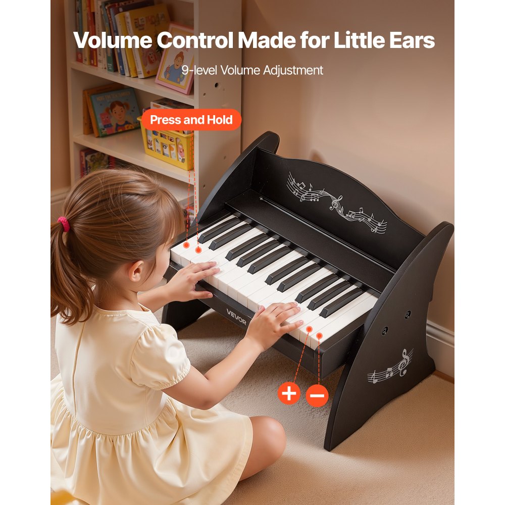 VEVOR Teclado de Piano Infantil 25 Teclas de Madera, Piano Electrónico para Niños 3-10 Años, Volumen Ajustable, USB-C o Pilas, con Pegatinas de Notas y Hojas de Práctica, para Viaje Familiar Casa Aula