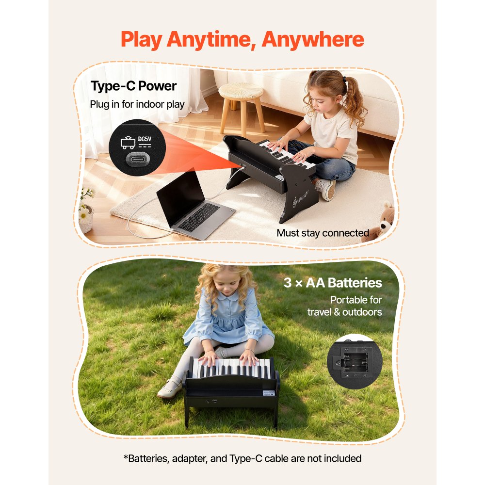 VEVOR Teclado de Piano Infantil 25 Teclas de Madera, Piano Electrónico para Niños 3-10 Años, Volumen Ajustable, USB-C o Pilas, con Pegatinas de Notas y Hojas de Práctica, para Viaje Familiar Casa Aula