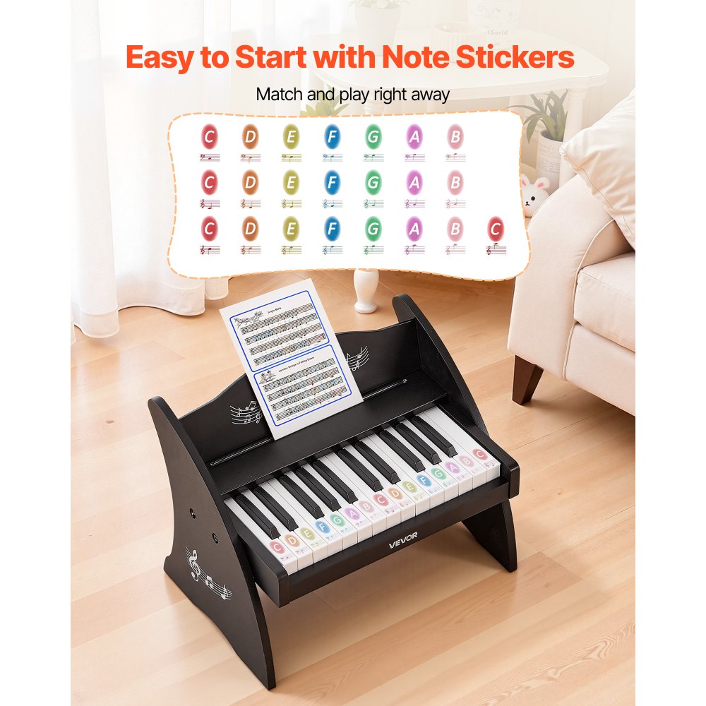 VEVOR Teclado de Piano Infantil 25 Teclas de Madera, Piano Electrónico para Niños 3-10 Años, Volumen Ajustable, USB-C o Pilas, con Pegatinas de Notas y Hojas de Práctica, para Viaje Familiar Casa Aula