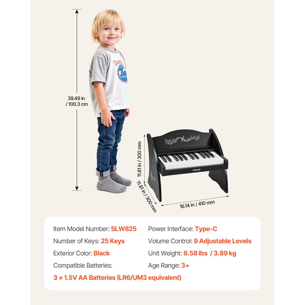 VEVOR Teclado de Piano Infantil 25 Teclas de Madera, Piano Electrónico para Niños 3-10 Años, Volumen Ajustable, USB-C o Pilas, con Pegatinas de Notas y Hojas de Práctica, para Viaje Familiar Casa Aula