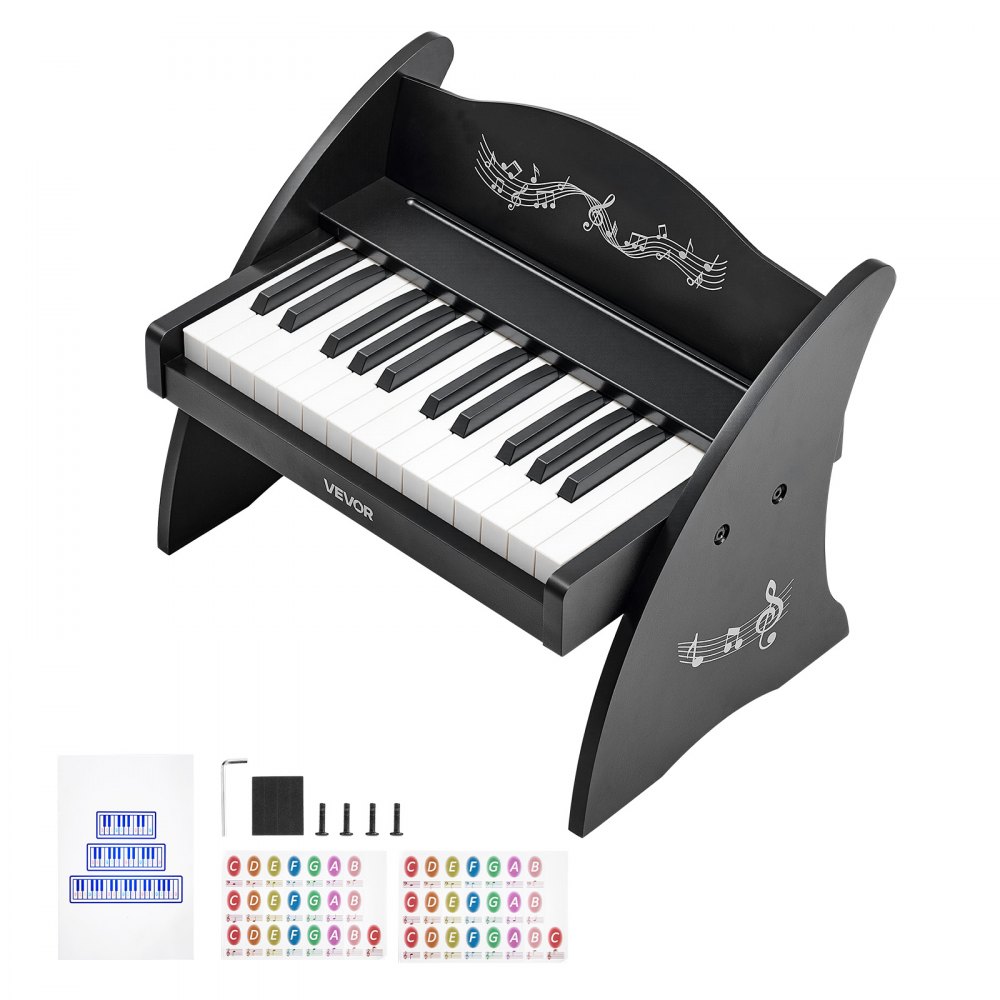 VEVOR Teclado de Piano Infantil 25 Teclas de Madera, Piano Electrónico para Niños 3-10 Años, Volumen Ajustable, USB-C o Pilas, con Pegatinas de Notas y Hojas de Práctica, para Viaje Familiar Casa Aula
