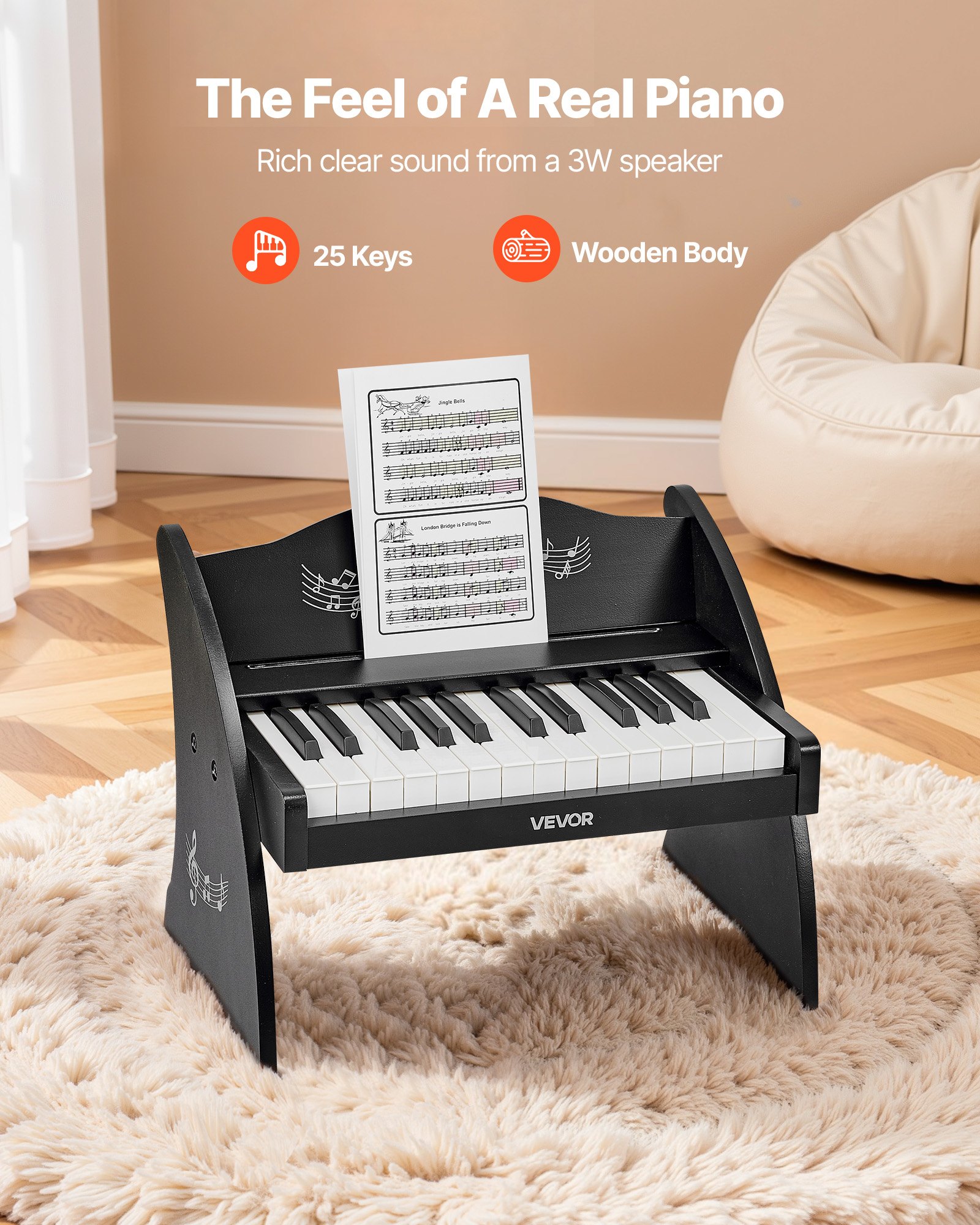 VEVOR Teclado de Piano Infantil 25 Teclas de Madera, Piano Electrónico para Niños 3-10 Años, Volumen Ajustable, USB-C o Pilas, con Pegatinas de Notas y Hojas de Práctica, para Viaje Familiar Casa Aula