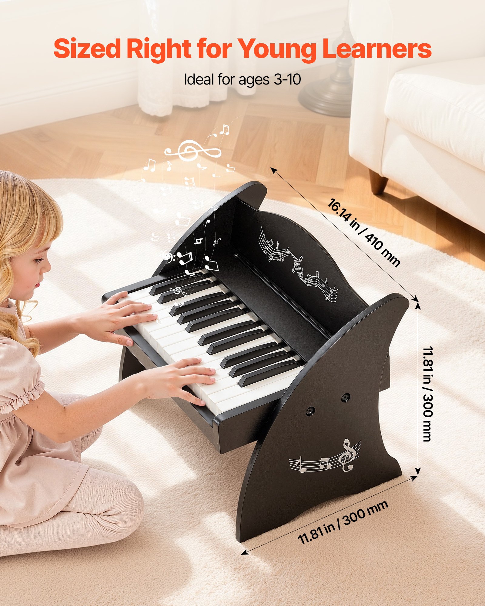 VEVOR Teclado de Piano Infantil 25 Teclas de Madera, Piano Electrónico para Niños 3-10 Años, Volumen Ajustable, USB-C o Pilas, con Pegatinas de Notas y Hojas de Práctica, para Viaje Familiar Casa Aula