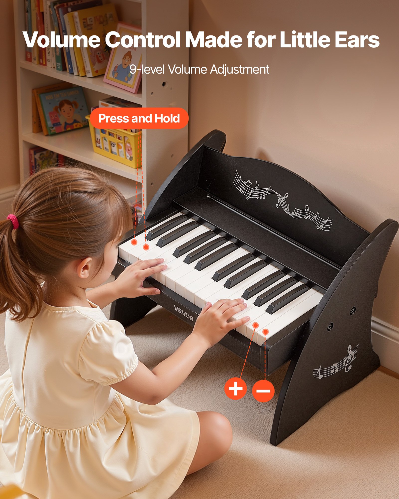 VEVOR Teclado de Piano Infantil 25 Teclas de Madera, Piano Electrónico para Niños 3-10 Años, Volumen Ajustable, USB-C o Pilas, con Pegatinas de Notas y Hojas de Práctica, para Viaje Familiar Casa Aula