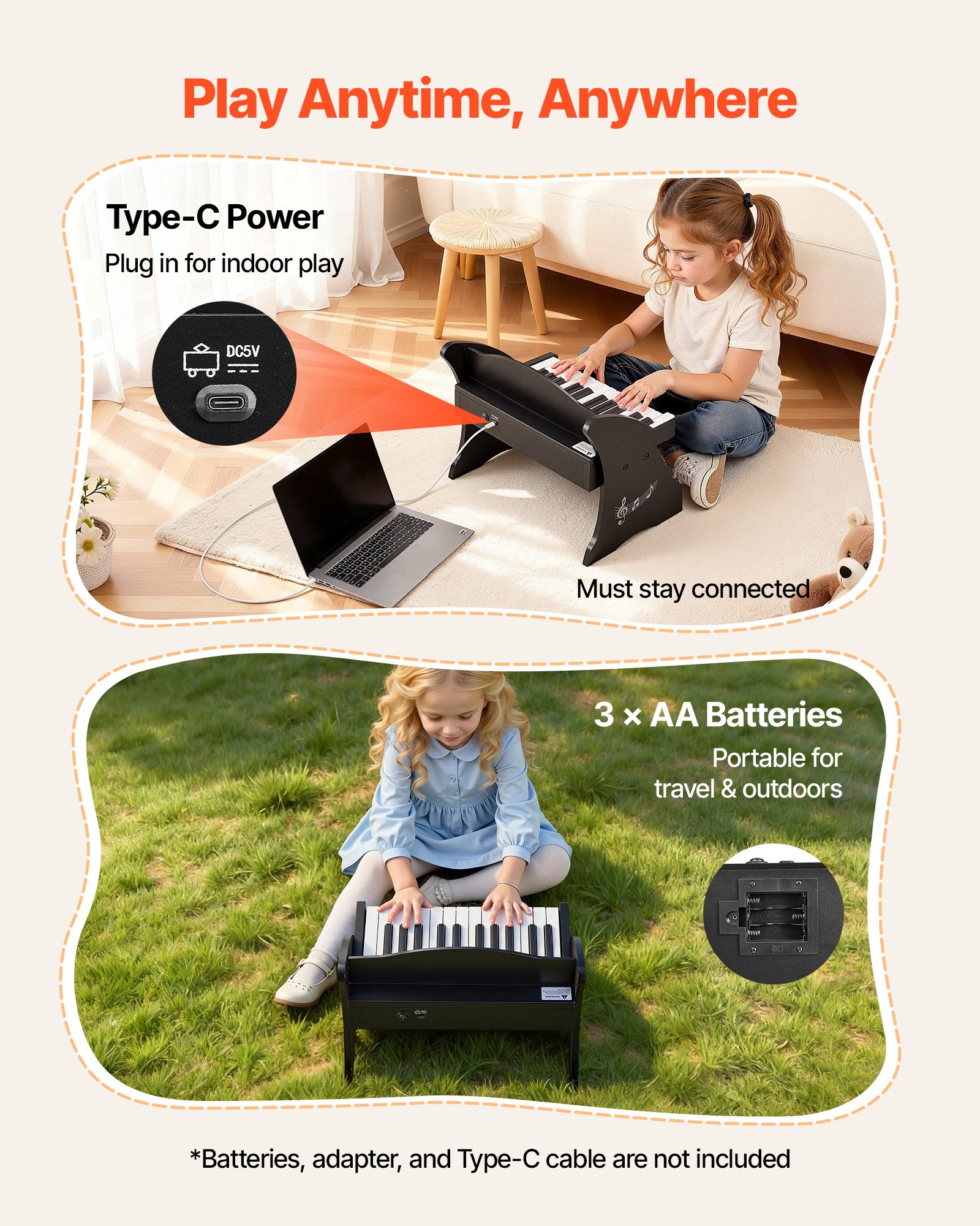 VEVOR Teclado de Piano Infantil 25 Teclas de Madera, Piano Electrónico para Niños 3-10 Años, Volumen Ajustable, USB-C o Pilas, con Pegatinas de Notas y Hojas de Práctica, para Viaje Familiar Casa Aula
