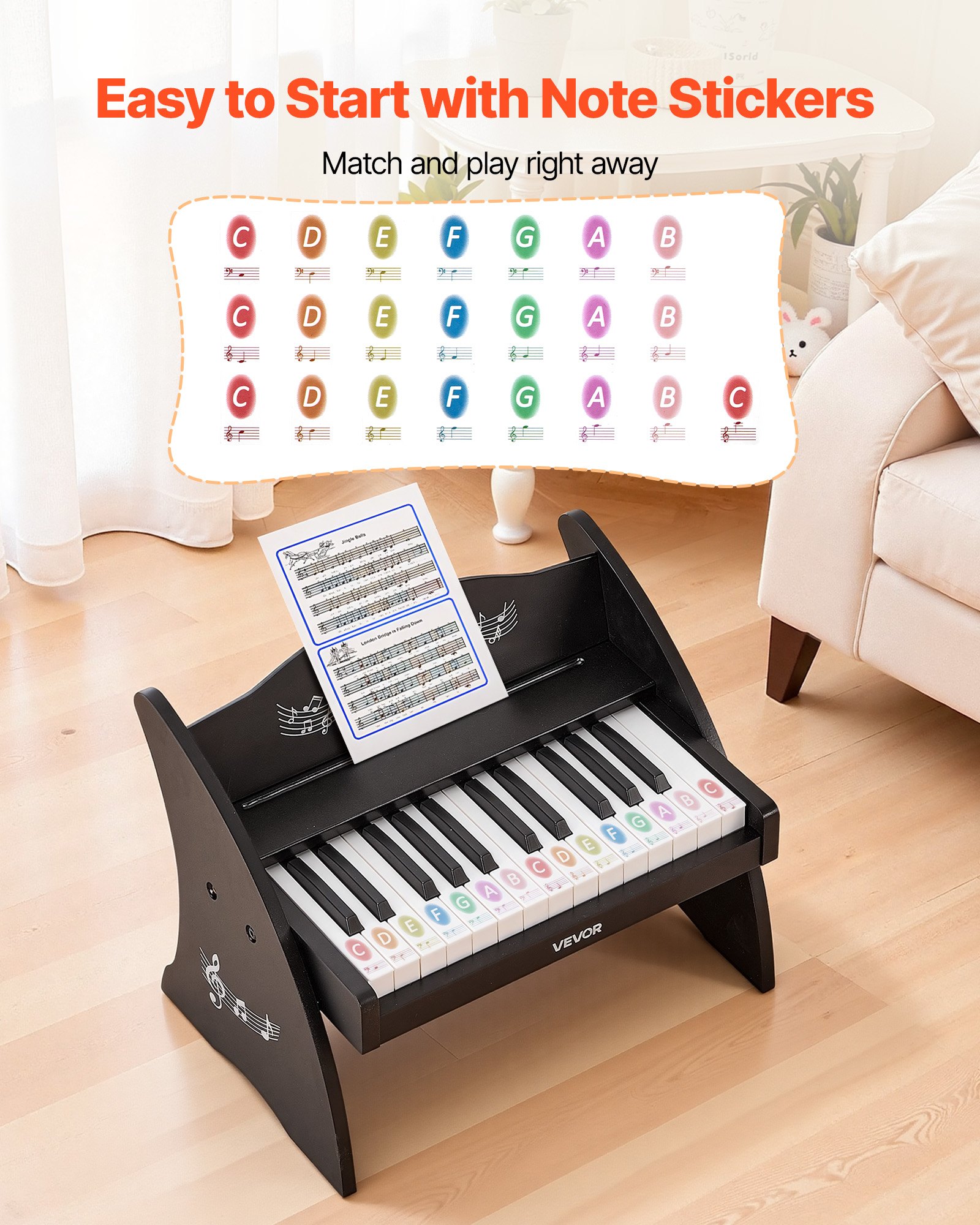 VEVOR Teclado de Piano Infantil 25 Teclas de Madera, Piano Electrónico para Niños 3-10 Años, Volumen Ajustable, USB-C o Pilas, con Pegatinas de Notas y Hojas de Práctica, para Viaje Familiar Casa Aula